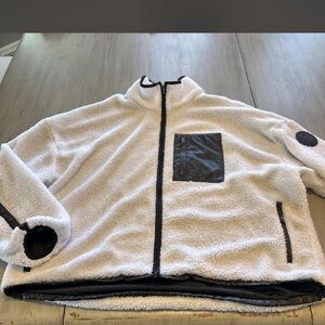 Fabletics White Sherpa Zip-Up Jacket with Black Trim